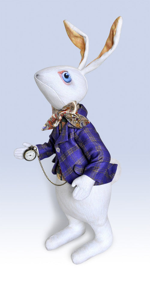 The White Rabbit "I'm late!" art doll, with traditional printed "tweed" jacket - Baba Studio