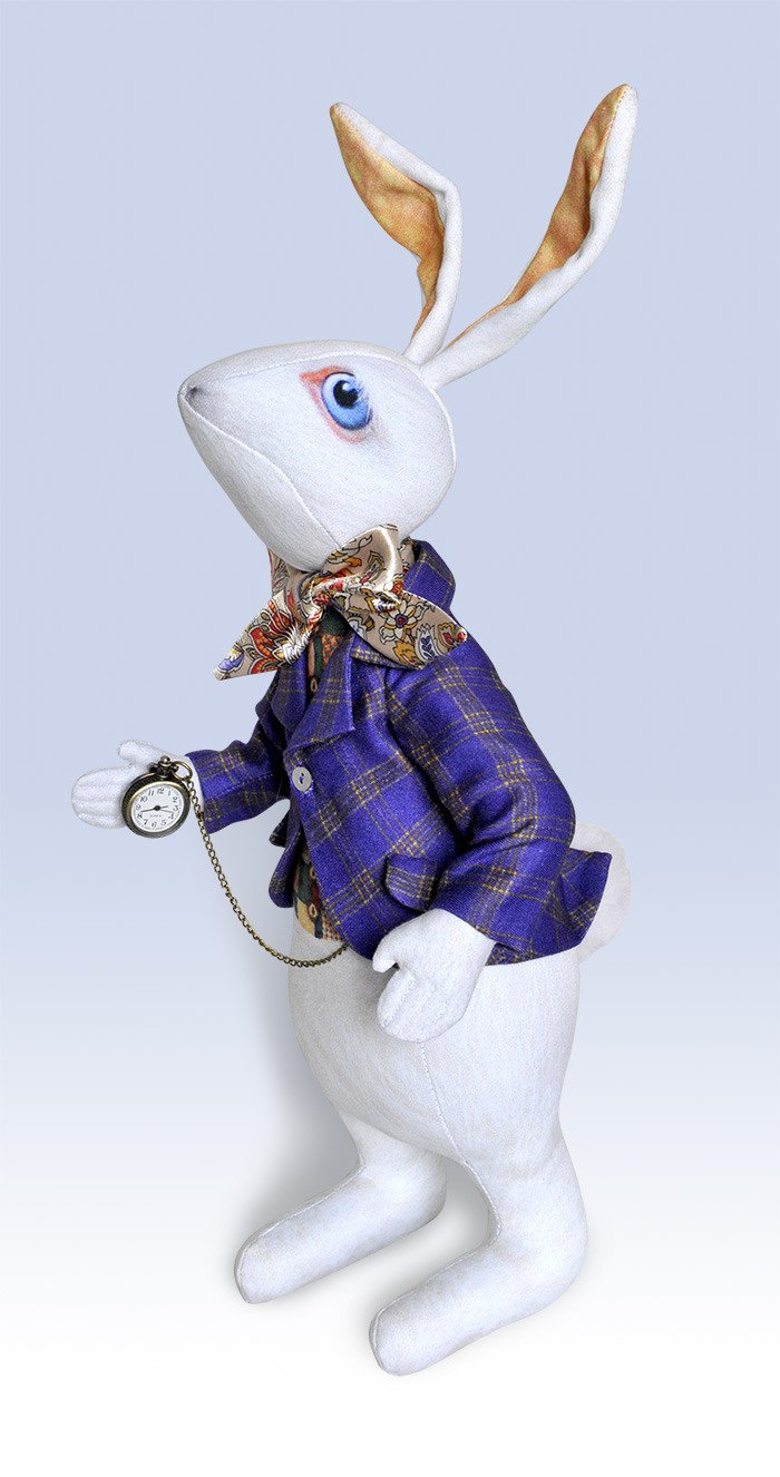 The White Rabbit "I'm late!" art doll, with traditional printed "tweed" jacket - Baba Studio