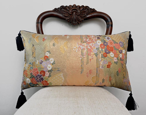 kimono cushion, japanese obi, vintage silk, vintage fabric, gold cushion, upcycled, handmade pillow, limited edition, metallics, decorative pillow, tassels