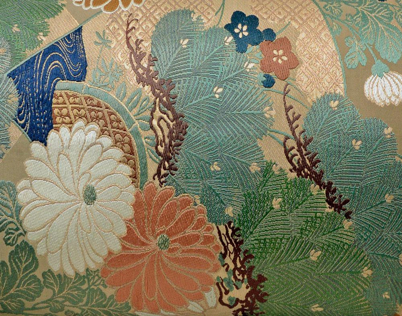 kimono cushion, japanese obi, silk, vintage fabric, gold cushion, upcycled, handmade pillow, floral, decorative pillow, tassels